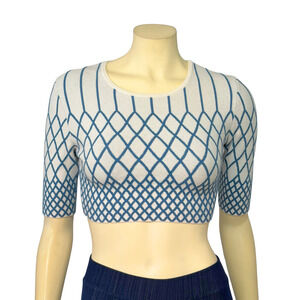 BCBGMAXAZRIA Sz S Kayle Teardrop Stripe Jacquard Crop Top Sweater Blue/White